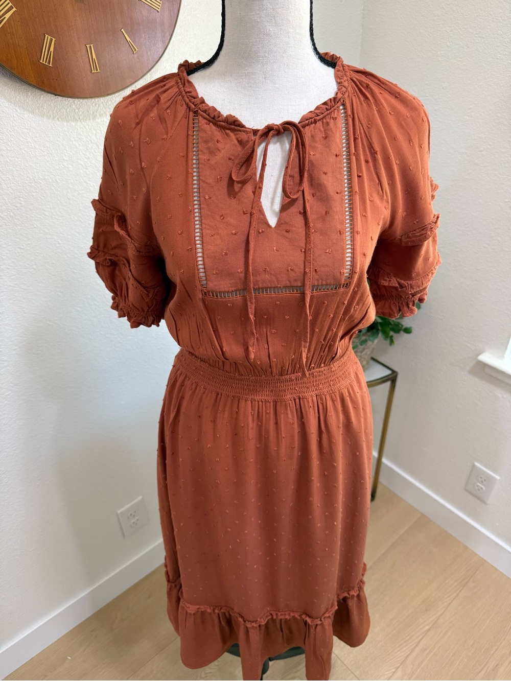 By the River Rust Swiss Dot Midi Dress Small Boho Prairie Ruffle